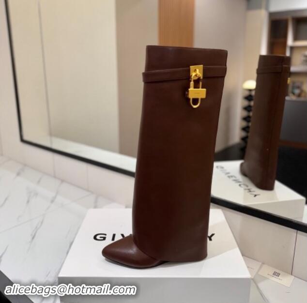 Duplicate Givenchy Shark Lock Wedge High Boots 8.5cm in Calfskin Leather Chocolate Brown 1122015