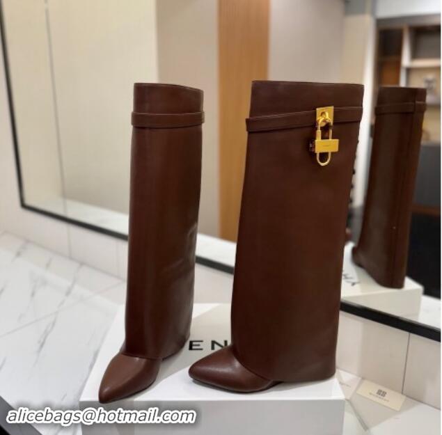 Duplicate Givenchy Shark Lock Wedge High Boots 8.5cm in Calfskin Leather Chocolate Brown 1122015