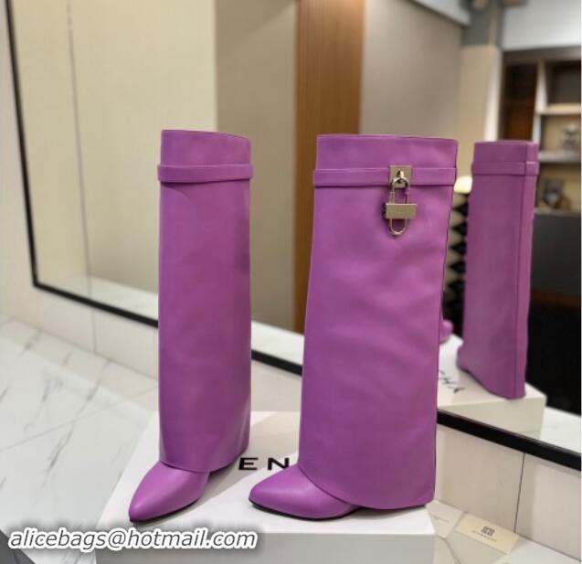 New Style Givenchy Shark Lock Wedge High Boots 8.5cm in Calfskin Leather Purple 1122016