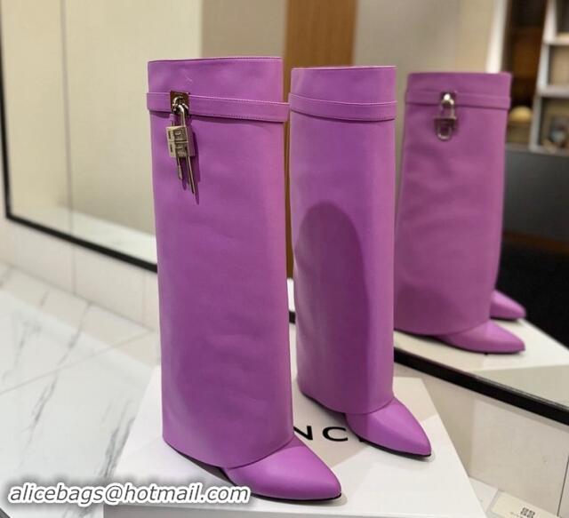 New Style Givenchy Shark Lock Wedge High Boots 8.5cm in Calfskin Leather Purple 1122016