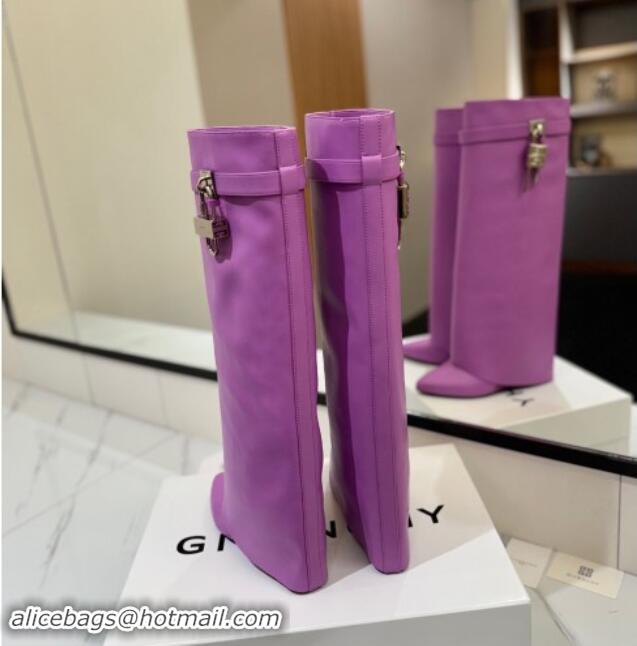 New Style Givenchy Shark Lock Wedge High Boots 8.5cm in Calfskin Leather Purple 1122016