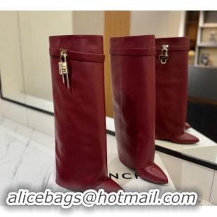 Cute Givenchy Shark Lock Wedge High Boots 8.5cm in Calfskin Leather Dark Burgundy 1122017