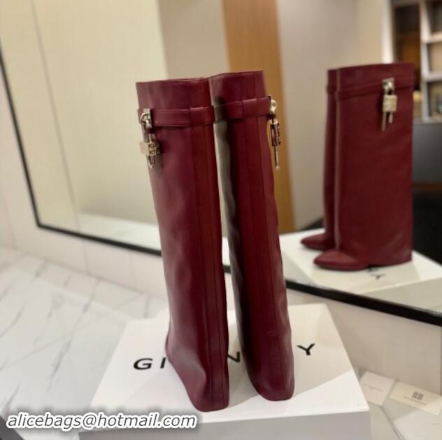 Cute Givenchy Shark Lock Wedge High Boots 8.5cm in Calfskin Leather Dark Burgundy 1122017