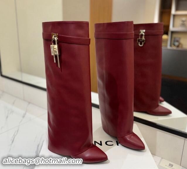 Cute Givenchy Shark Lock Wedge High Boots 8.5cm in Calfskin Leather Dark Burgundy 1122017