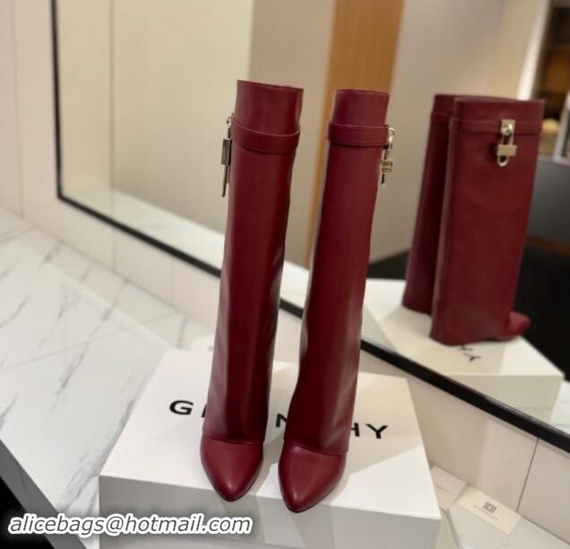 Cute Givenchy Shark Lock Wedge High Boots 8.5cm in Calfskin Leather Dark Burgundy 1122017