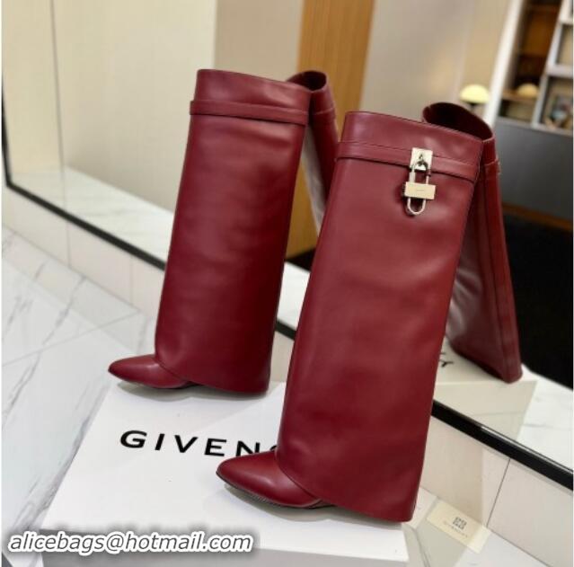 Cute Givenchy Shark Lock Wedge High Boots 8.5cm in Calfskin Leather Dark Burgundy 1122017