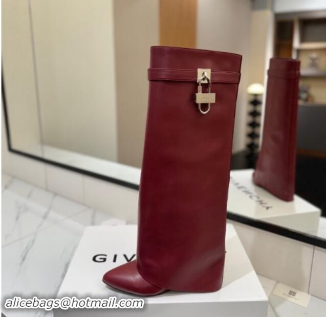 Cute Givenchy Shark Lock Wedge High Boots 8.5cm in Calfskin Leather Dark Burgundy 1122017