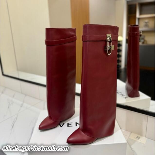 Cute Givenchy Shark Lock Wedge High Boots 8.5cm in Calfskin Leather Dark Burgundy 1122017