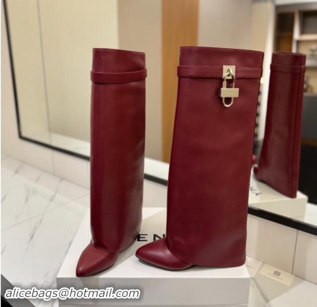 Cute Givenchy Shark Lock Wedge High Boots 8.5cm in Calfskin Leather Dark Burgundy 1122017