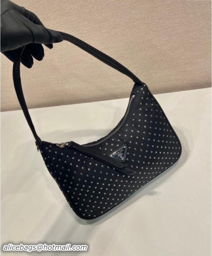 Luxury Cheap Prada Re-Nylon Re-Edition 2000 Hobo mini-bag with studs 1NE515 Black 2024