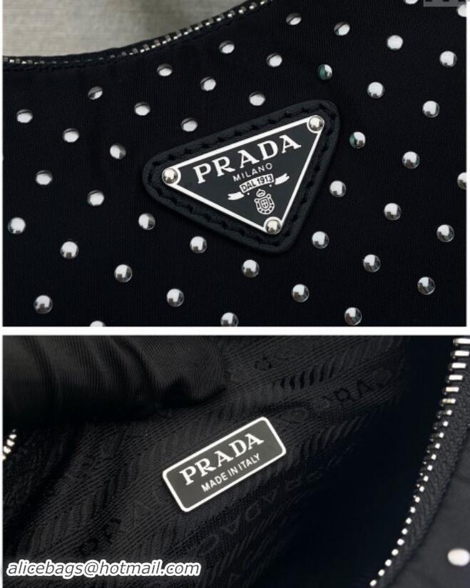 Luxury Cheap Prada Re-Nylon Re-Edition 2000 Hobo mini-bag with studs 1NE515 Black 2024