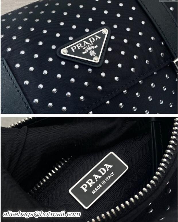 Big Discount Prada Re-Nylon shoulder bag with studs 1BD382 Black 2024