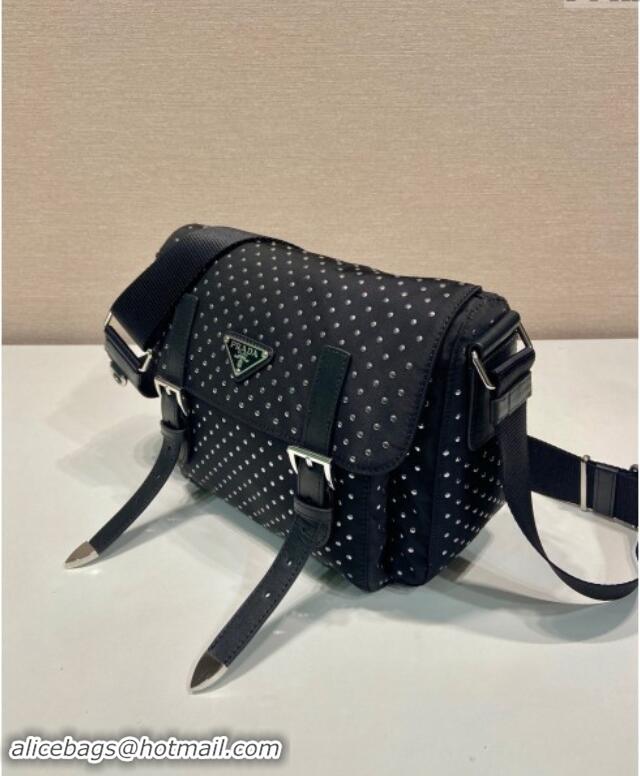 Big Discount Prada Re-Nylon shoulder bag with studs 1BD382 Black 2024