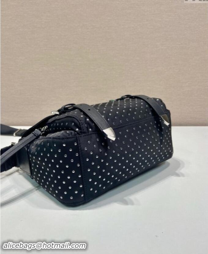 Big Discount Prada Re-Nylon shoulder bag with studs 1BD382 Black 2024