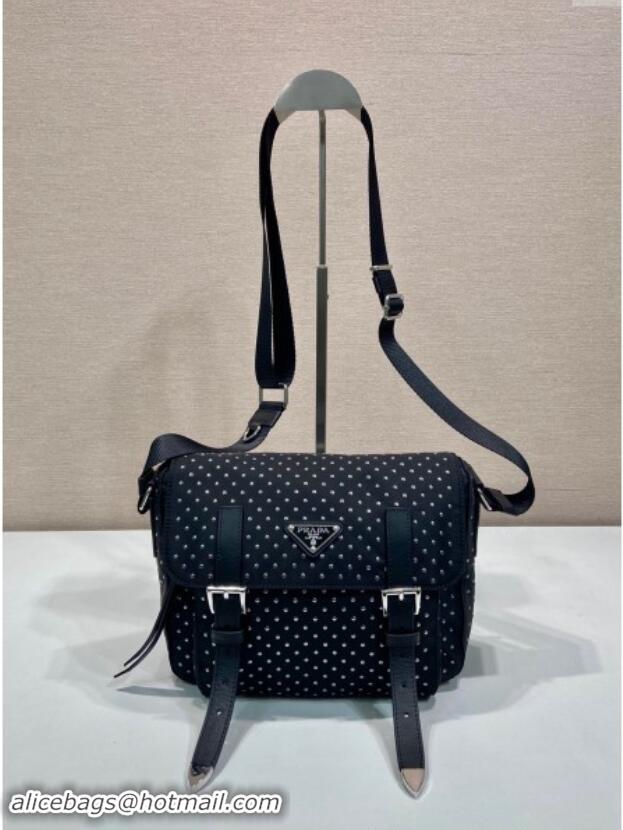 Big Discount Prada Re-Nylon shoulder bag with studs 1BD382 Black 2024