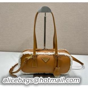 Super Quality Prada Medium shearling two-handle bag 1BB124 Cognac Brown 2024