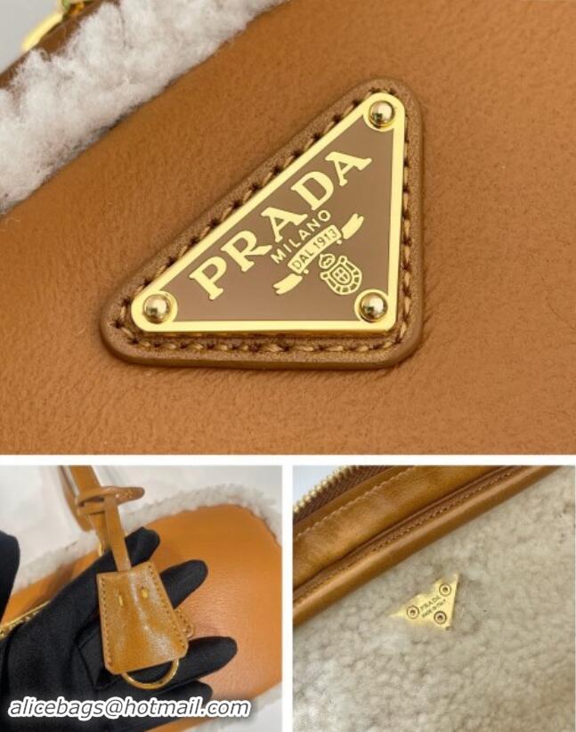 Super Quality Prada Medium shearling two-handle bag 1BB124 Cognac Brown 2024