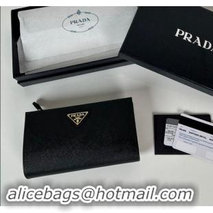 Top Quality Prada Large Saffiano leather wallet 1ML009 black/gold triangle 2024