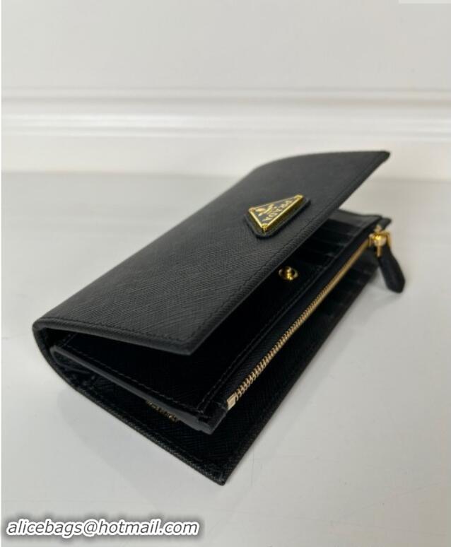 Top Quality Prada Large Saffiano leather wallet 1ML009 black/gold triangle 2024