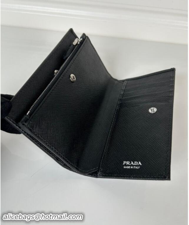 Top Grade Prada Large Saffiano leather wallet 1ML009 black /silver triangle 2024