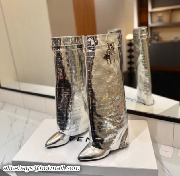 Top Grade Givenchy Shark Lock Wedge High Boots 8.5cm in Embossed Metallized Leather Silver 1122018