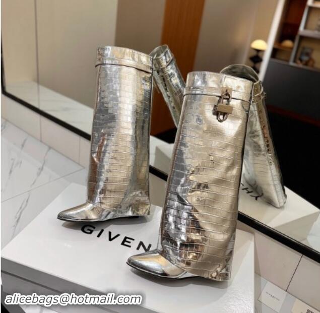 Top Grade Givenchy Shark Lock Wedge High Boots 8.5cm in Embossed Metallized Leather Silver 1122018