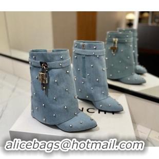 Classic Hot Givenchy Shark Lock Wedge Ankle Boots 8.5cm in Washed Denim with Pearls Light Blue 1122019