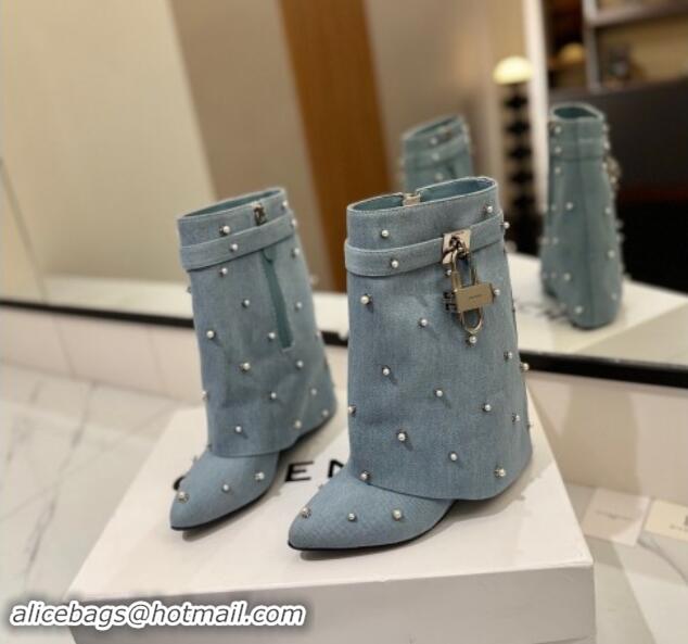 Classic Hot Givenchy Shark Lock Wedge Ankle Boots 8.5cm in Washed Denim with Pearls Light Blue 1122019