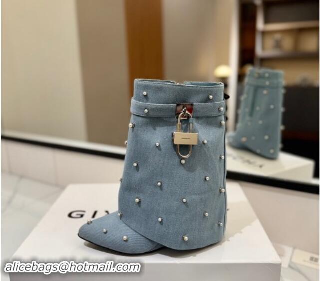 Classic Hot Givenchy Shark Lock Wedge Ankle Boots 8.5cm in Washed Denim with Pearls Light Blue 1122019