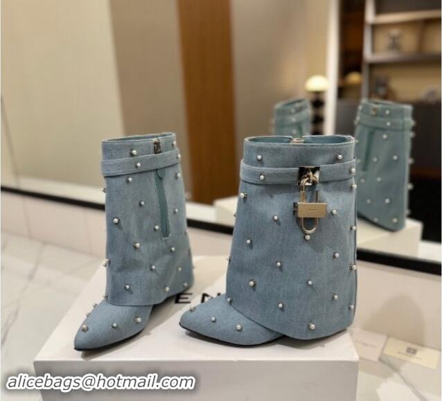 Classic Hot Givenchy Shark Lock Wedge Ankle Boots 8.5cm in Washed Denim with Pearls Light Blue 1122019