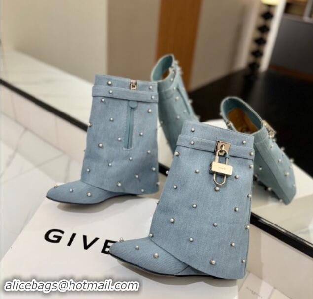 Classic Hot Givenchy Shark Lock Wedge Ankle Boots 8.5cm in Washed Denim with Pearls Light Blue 1122019