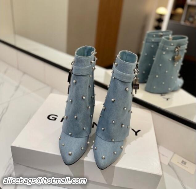 Classic Hot Givenchy Shark Lock Wedge Ankle Boots 8.5cm in Washed Denim with Pearls Light Blue 1122019