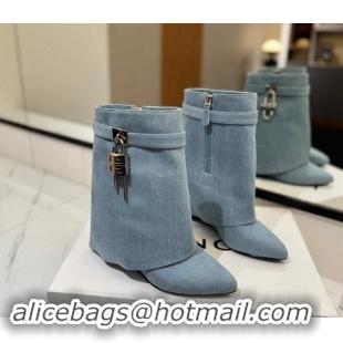 Best Product Givenchy Shark Lock Wedge Ankle Boots 8.5cm in Washed Denim Canvas Light Blue 1122020