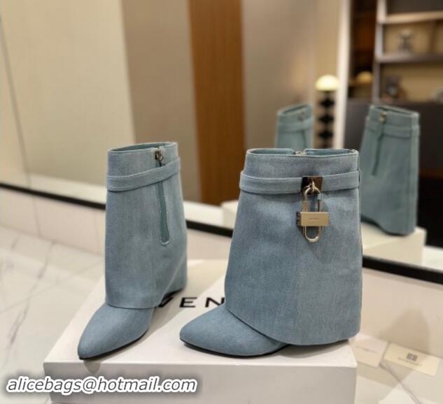 Best Product Givenchy Shark Lock Wedge Ankle Boots 8.5cm in Washed Denim Canvas Light Blue 1122020