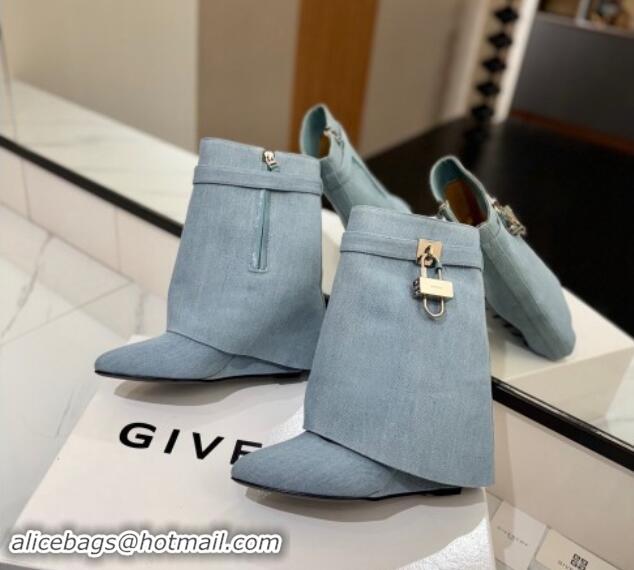 Best Product Givenchy Shark Lock Wedge Ankle Boots 8.5cm in Washed Denim Canvas Light Blue 1122020