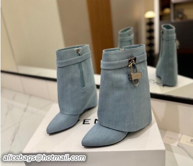 Best Product Givenchy Shark Lock Wedge Ankle Boots 8.5cm in Washed Denim Canvas Light Blue 1122020