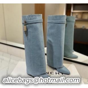 Good Quality Givenchy Shark Lock Wedge High Boots 8.5cm in Washed Denim Light Blue 1122021