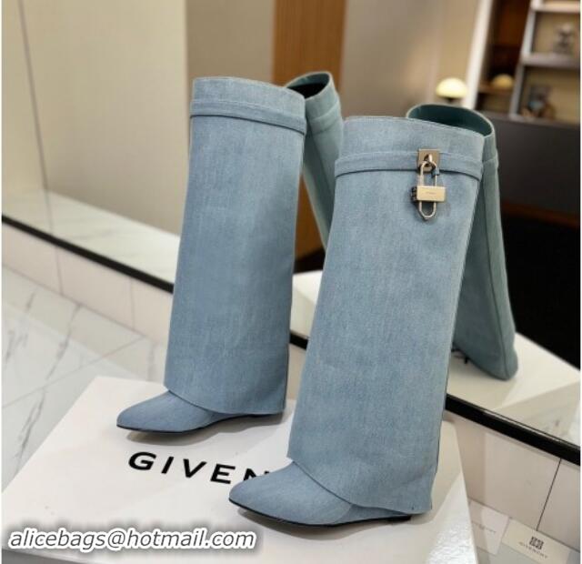 Good Quality Givenchy Shark Lock Wedge High Boots 8.5cm in Washed Denim Light Blue 1122021