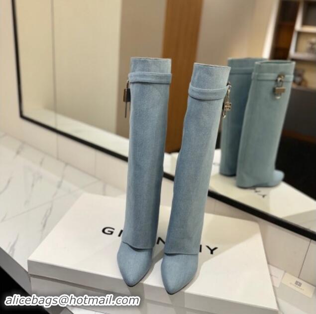 Good Quality Givenchy Shark Lock Wedge High Boots 8.5cm in Washed Denim Light Blue 1122021