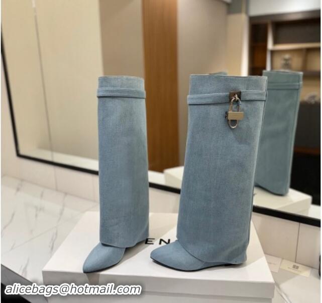 Good Quality Givenchy Shark Lock Wedge High Boots 8.5cm in Washed Denim Light Blue 1122021