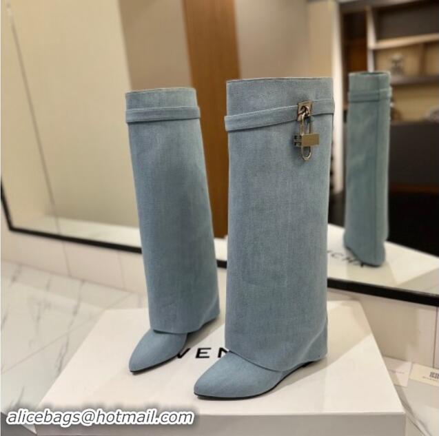 Good Quality Givenchy Shark Lock Wedge High Boots 8.5cm in Washed Denim Light Blue 1122021