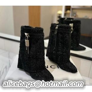 Pretty Style Givenchy Shark Lock Wedge Ankle Boots 8.5cm in Black Tweed Fabric 1122022