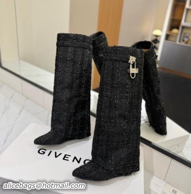 Best Grade Givenchy Shark Lock Wedge High Boots 8.5cm in Black Tweed Fabric 1122023