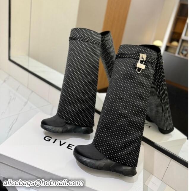 Best Product Givenchy Shark Lock Biker high boots 10.5cm in satin and suede with Strass Black 1122030