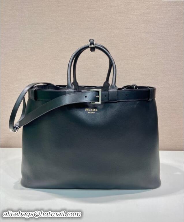 Most Popular Prada Mens Buckle large leather handbag with buckle belt 1BG126 Black 2024