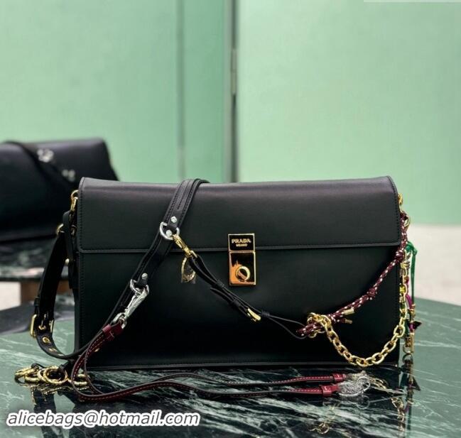 Buy Fashionable Prada Soft Sound large leather shoulder bag with charms 1BD378 Black 2024