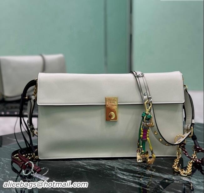 Best Price Prada Soft Sound large leather shoulder bag with charms 1BD378 White 2024