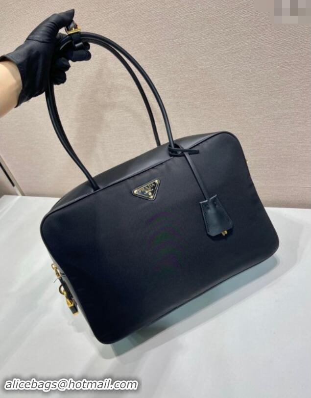 Shop Best Prada Large Re-Nylon and leather top-handle bag with padlock 1BB131 black 2024