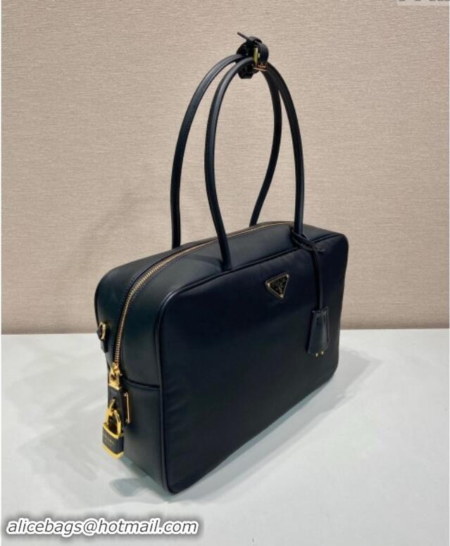 Shop Best Prada Large Re-Nylon and leather top-handle bag with padlock 1BB131 black 2024