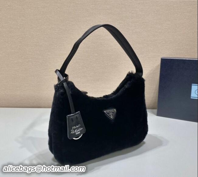 Top Design Prada Re-Edition 2000 Fur Hobo Mini bag 1NE515 Black 2024